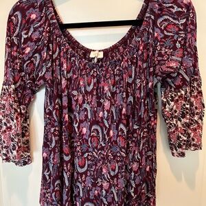Lucky Brand Red and Blue paisley Smocked 3/4 Sleeve Blouse